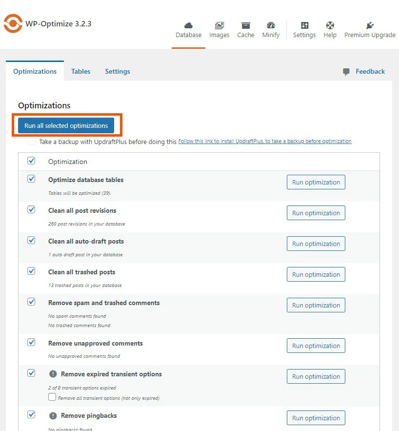 WP Optimize database